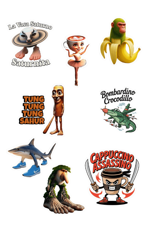 Plancha de Stickers Vinilo Memes ( cococdrilo / cappucciono, Bailarina , Tralalero , Tung Sahur )